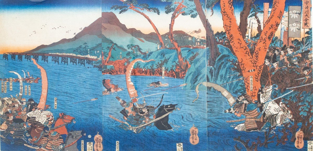 Silografia policroma su carta washi, Ujigawaô-kassen La battaglia degli Uji River 1839