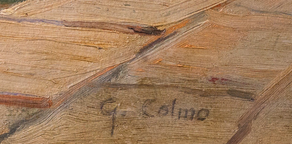 Olio su tavola, di Giovanni Colmo, "Borgo di Camogli", Anni '40, firmato-photo-3