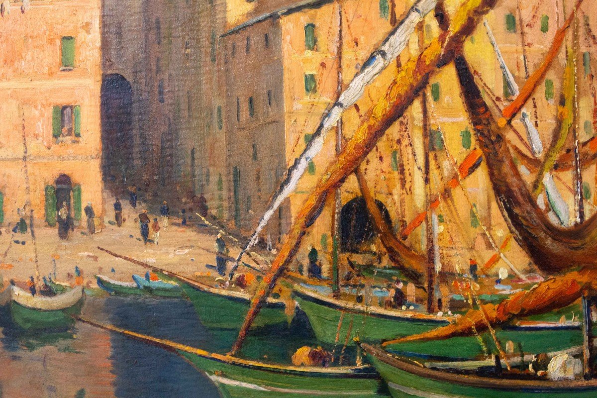 Olio su tavola, di Giovanni Colmo, "Borgo di Camogli", Anni '40, firmato-photo-5