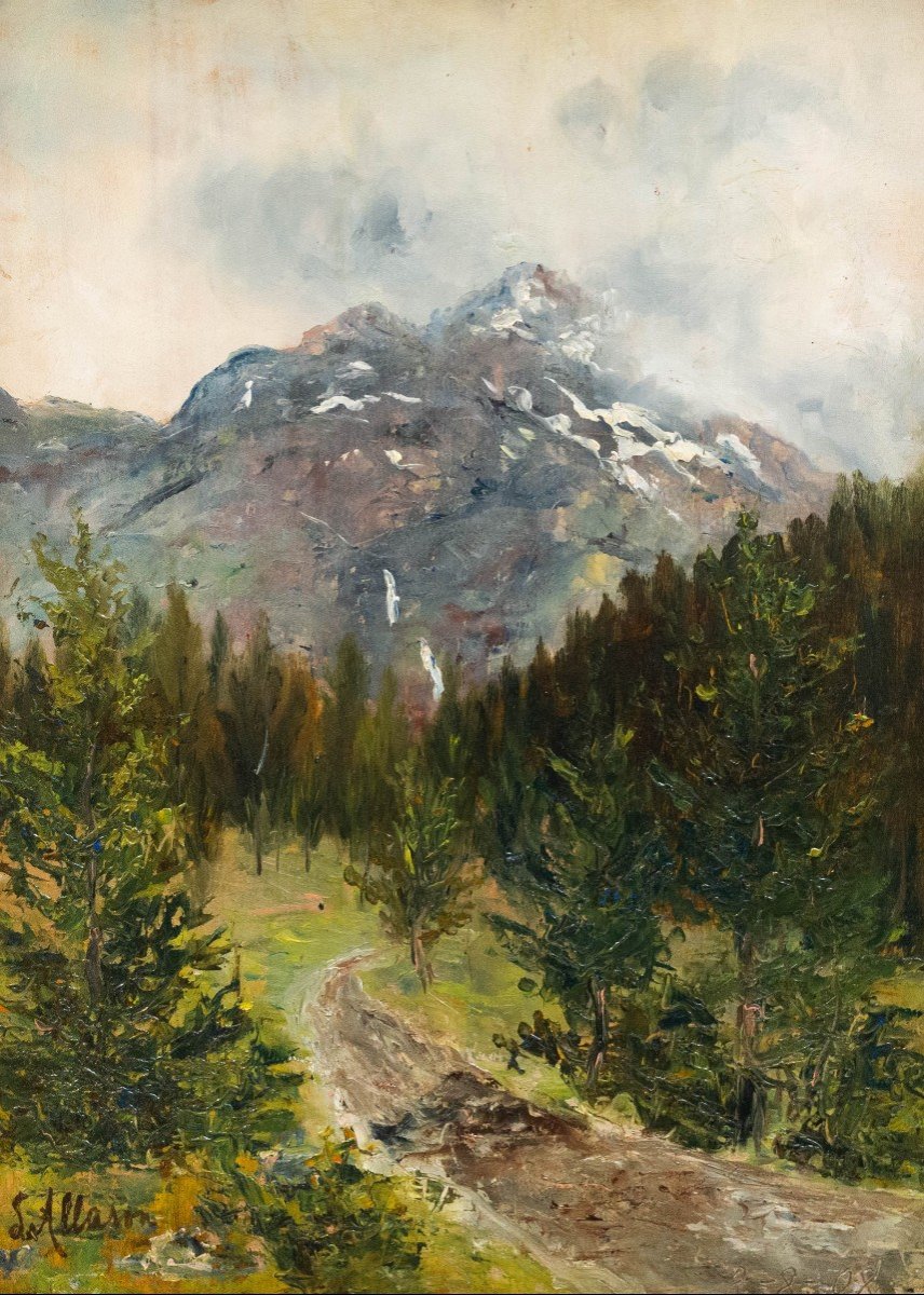 Olio su tavola di Silvio Allason, "Monte Bianco, La Thuile", firmato, 1900