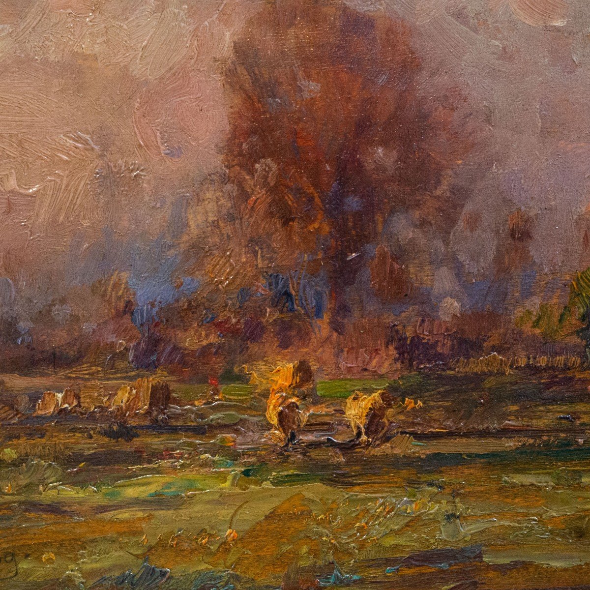 Alessandro Lupo (Torino, 1876 – Torino, 1953), "Peasaggio al tramonto", olio su compensato 1909-photo-3