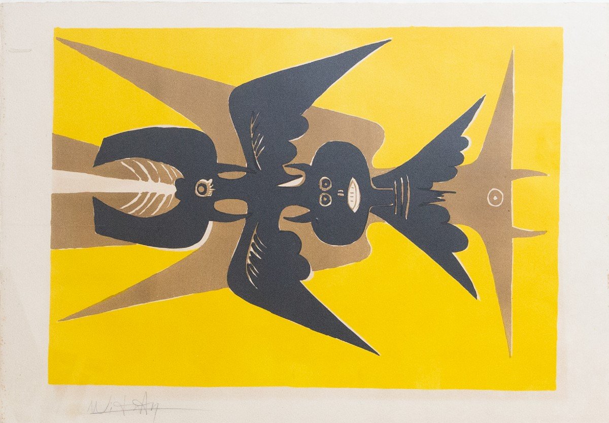 Litografia, ”Emblema Giallo”, di Wifredo Lam, firmato, 1952