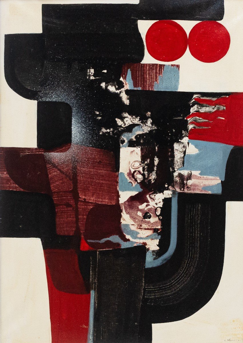Olio su tela, di Alvaro Monnini, "Lontane Piste", firmato, 1973