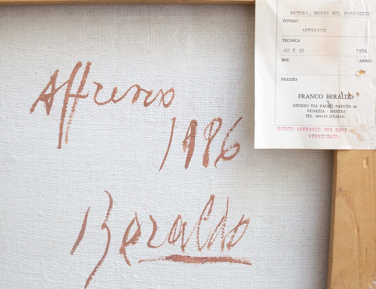 Affresco (Olio) su tela, di Franco Beraldo, "Natura morta nel paesaggio", firmato, 1986-photo-3