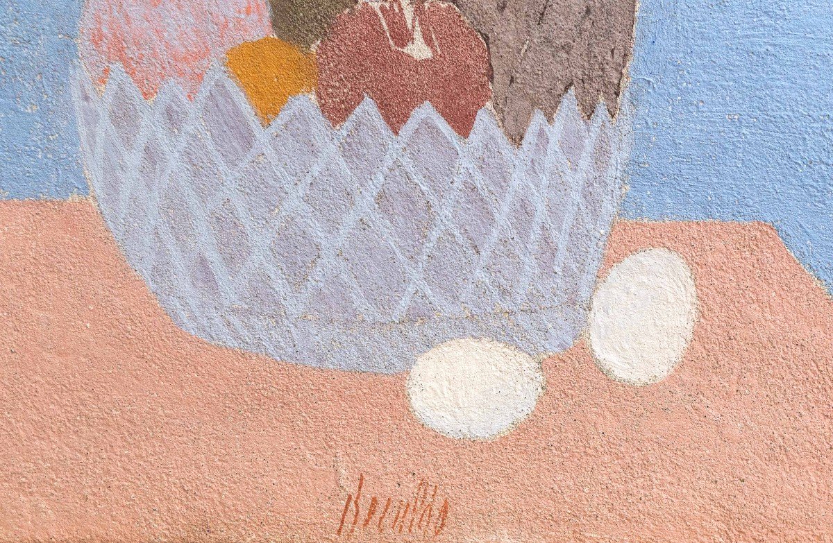 Affresco (Olio) su tela, di Franco Beraldo, "Natura morta nel paesaggio", firmato, 1986-photo-4