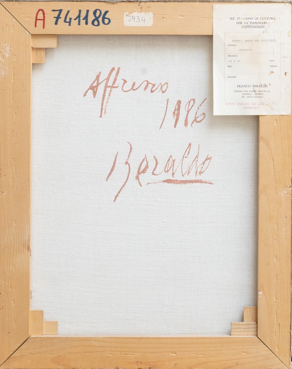 Affresco (Olio) su tela, di Franco Beraldo, "Natura morta nel paesaggio", firmato, 1986-photo-7