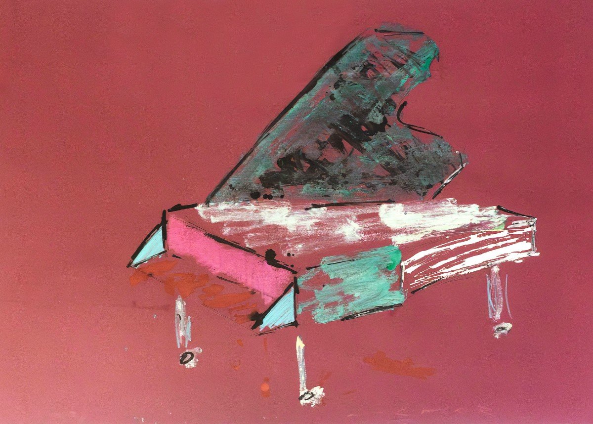 Tecnica mista su carta, di Giuseppe Chiari, "Pianoforte", firmato, Anni '70