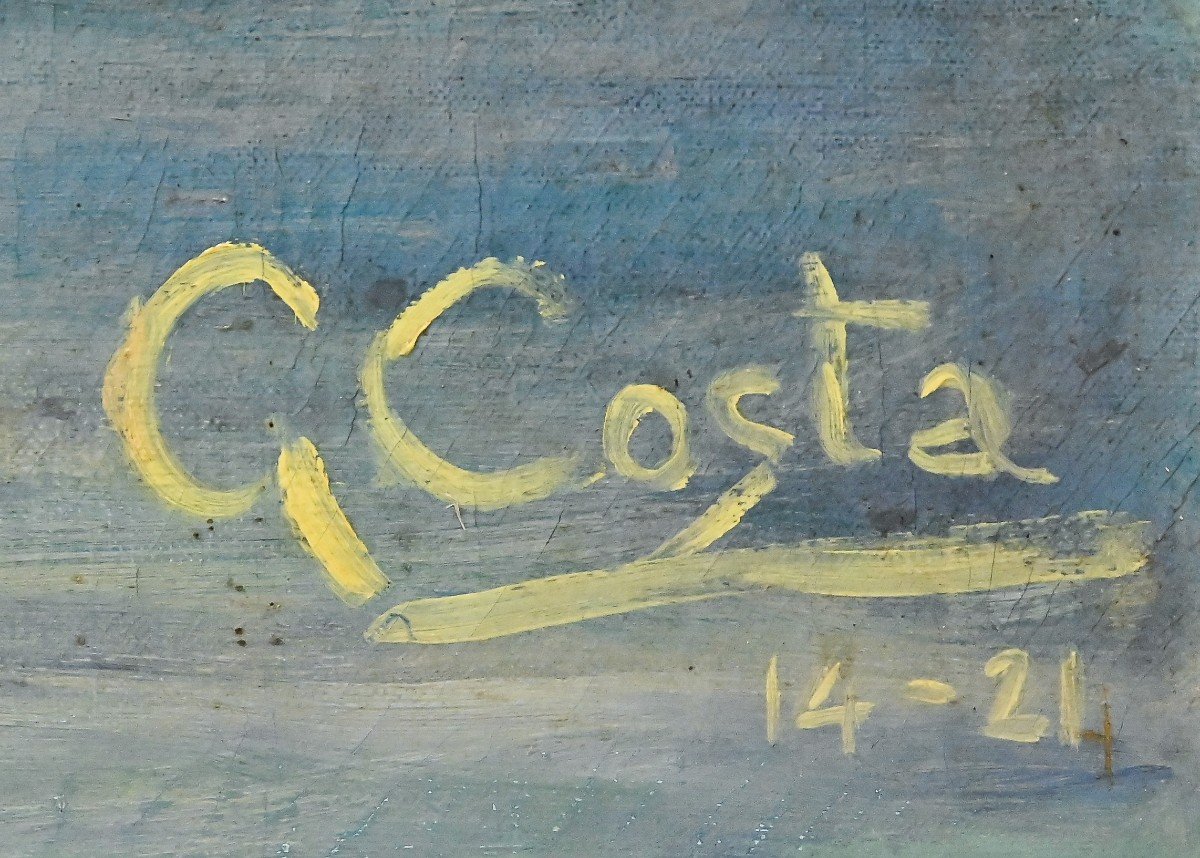 Grande dipinto olio su tela, di Giovanni Battista Costa, "Il lago Blu", Primi '900-photo-4