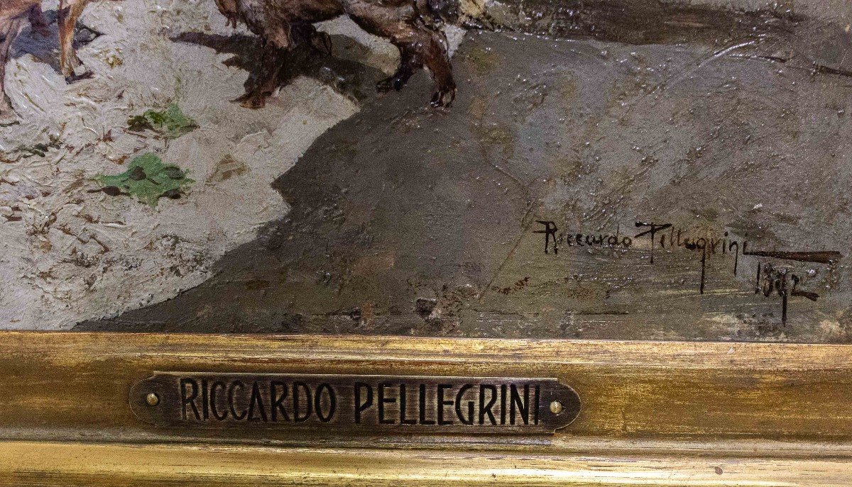Olio su tavola, di Riccardo Pellegrini, "Scena di genere", firmato, 1892-photo-2