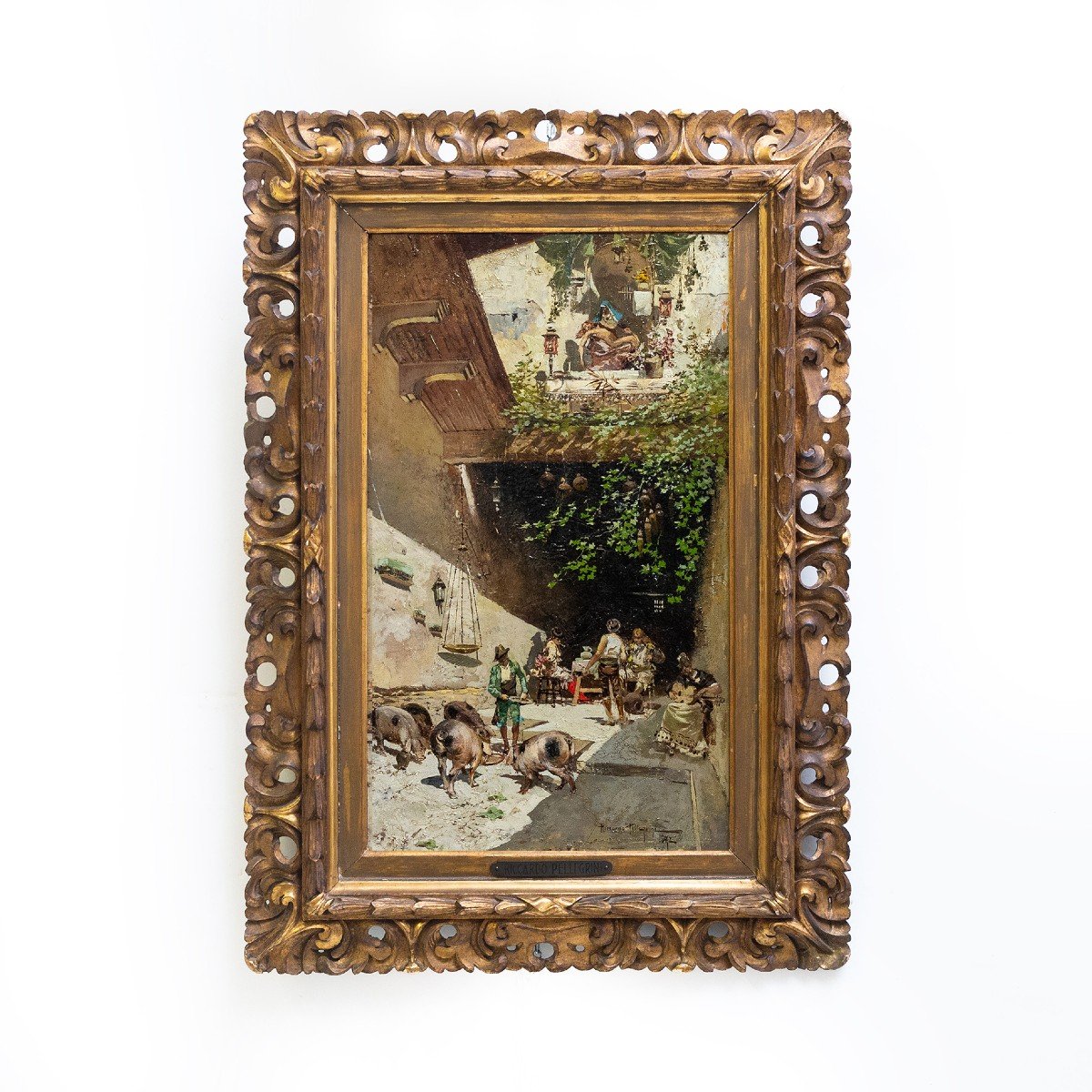 Olio su tavola, di Riccardo Pellegrini, "Scena di genere", firmato, 1892-photo-4