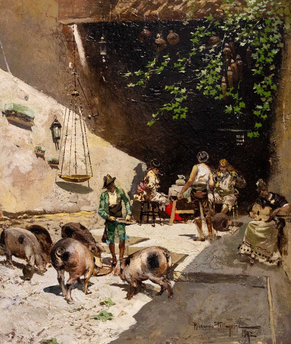 Olio su tavola, di Riccardo Pellegrini, "Scena di genere", firmato, 1892-photo-5
