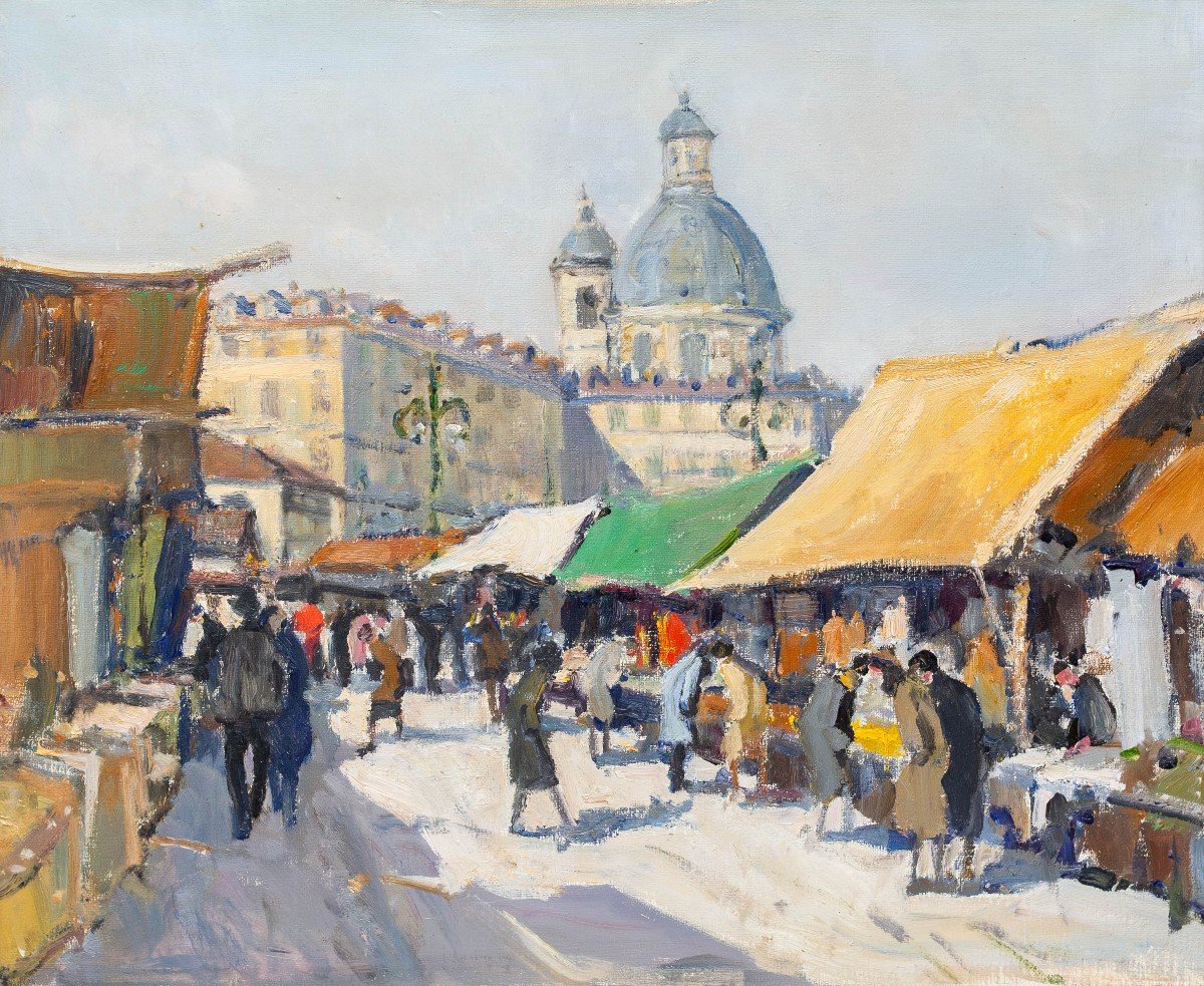 Dipinto di Carlo Musso, "Il Mercato di Torino", olio su tela, Anni '40
