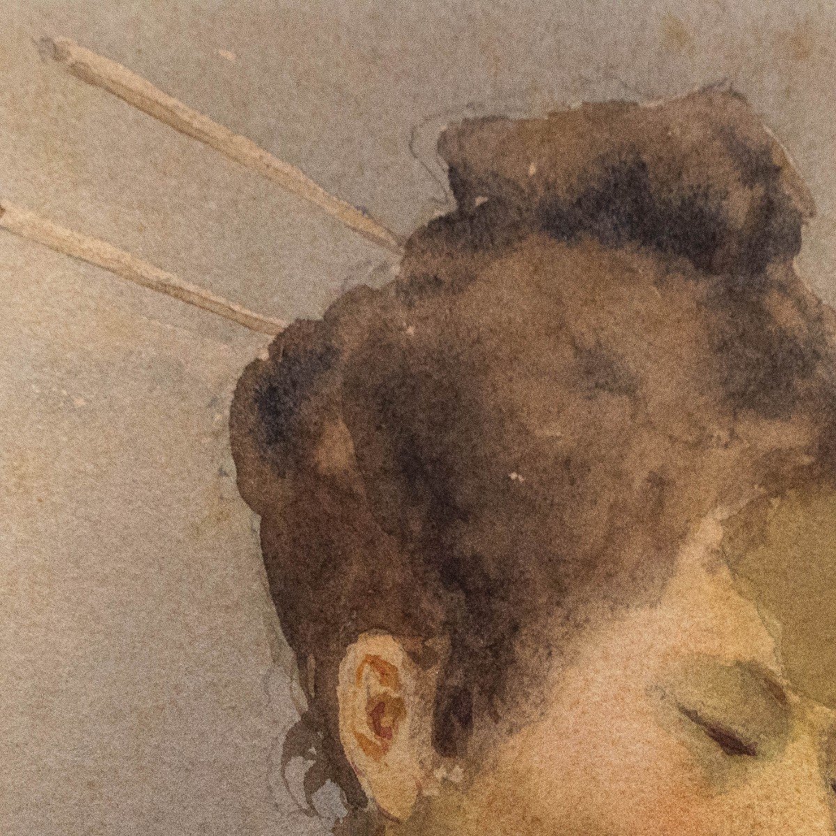 Coppia di Acquerelli su carta, "Ritratti di figure femminili, firmati, Epoca Fine '800-photo-7