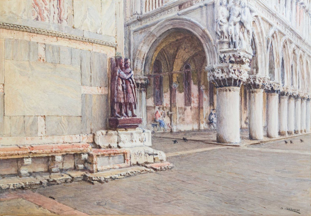 Giuseppe Cherubini, "Piazza S. Marco Venezia", acquerello su carta, firmato, Anni 50