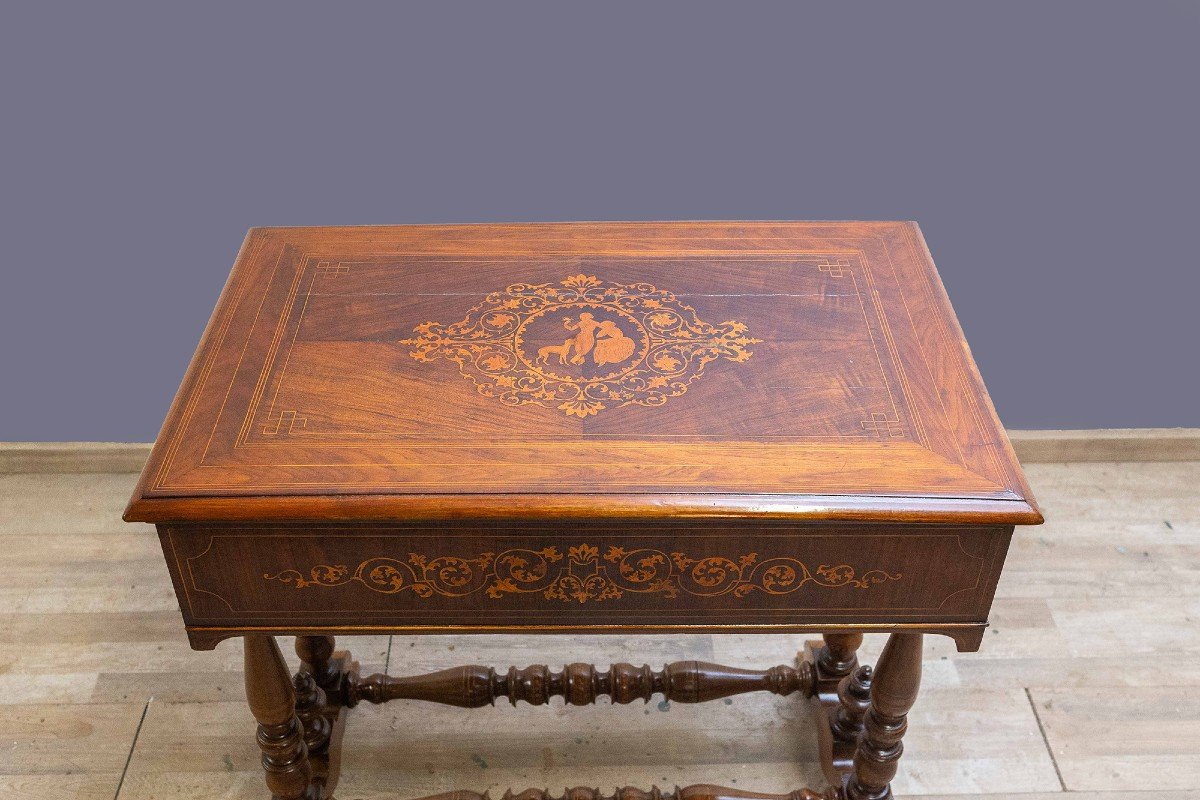Tavolino in legno intarsiato Carlo X, Epoca primi '800-photo-2