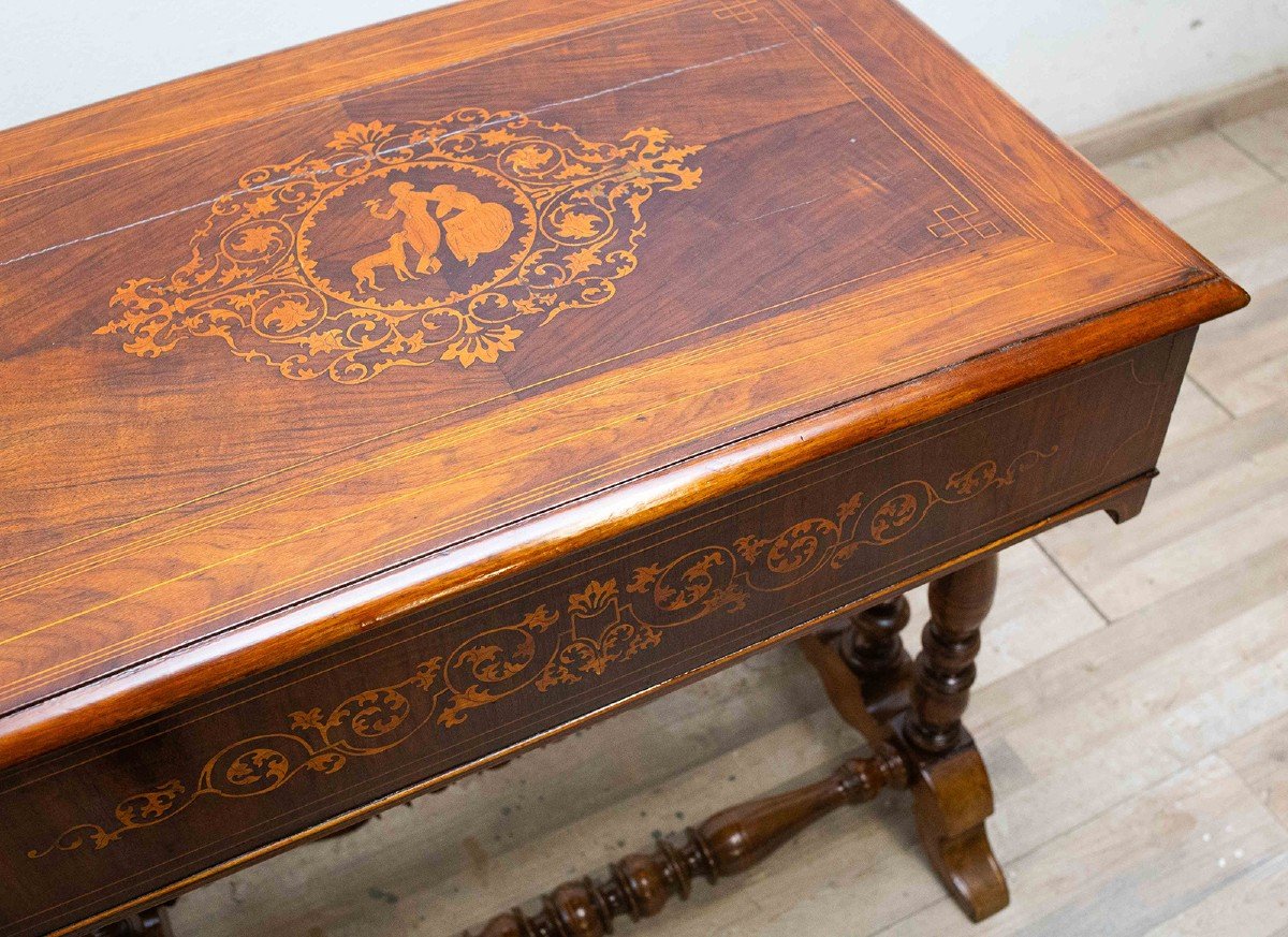 Tavolino in legno intarsiato Carlo X, Epoca primi '800-photo-1