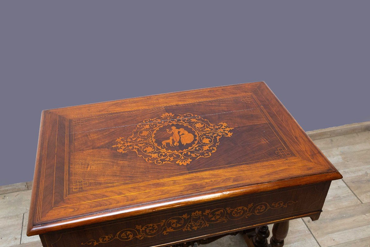 Tavolino in legno intarsiato Carlo X, Epoca primi '800-photo-6