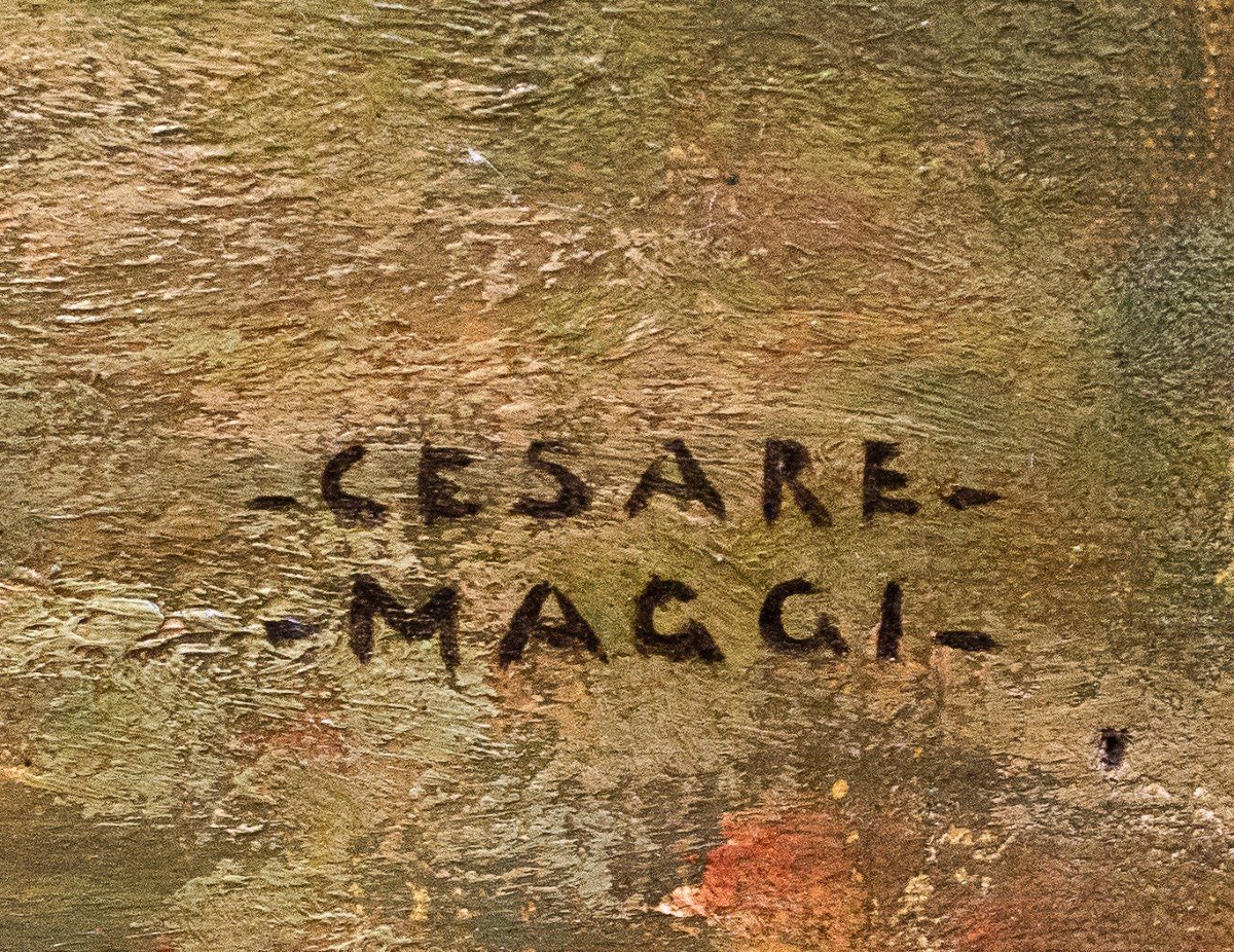 Olio su tela, "Paesaggio Autunnale", Cesare Maggi, Epoca '900, firmato-photo-3