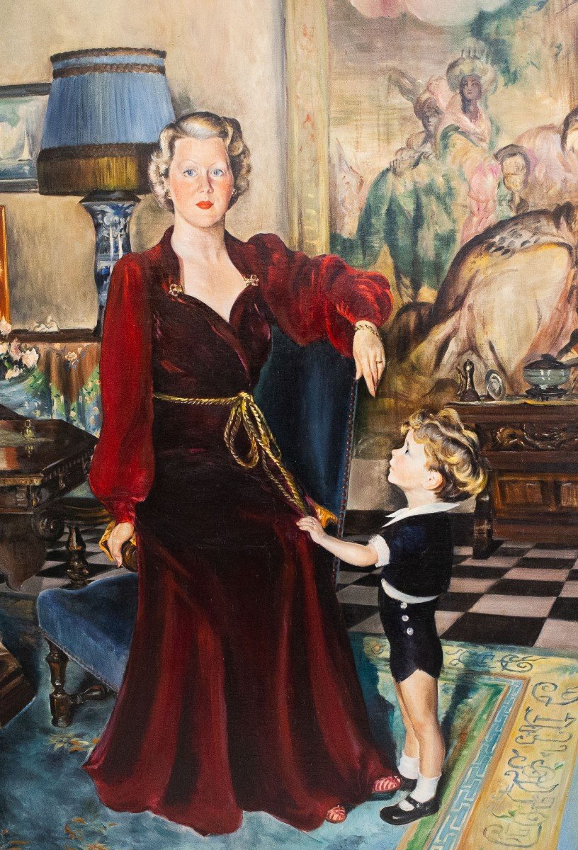 Grande dipinto olio su tela, "Nobildonna e bambino", firmato, Anni '40-photo-2