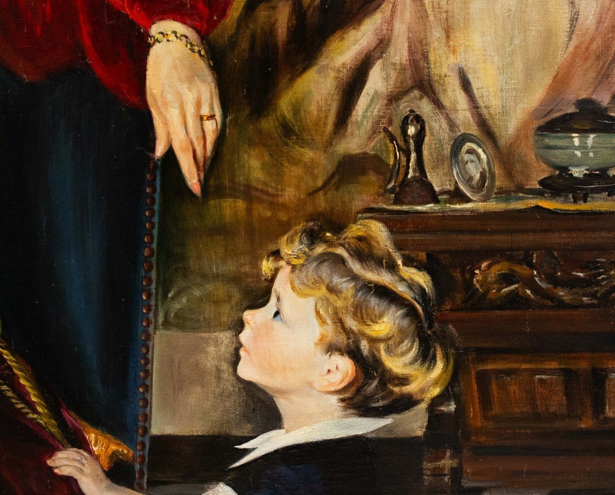 Grande dipinto olio su tela, "Nobildonna e bambino", firmato, Anni '40-photo-5