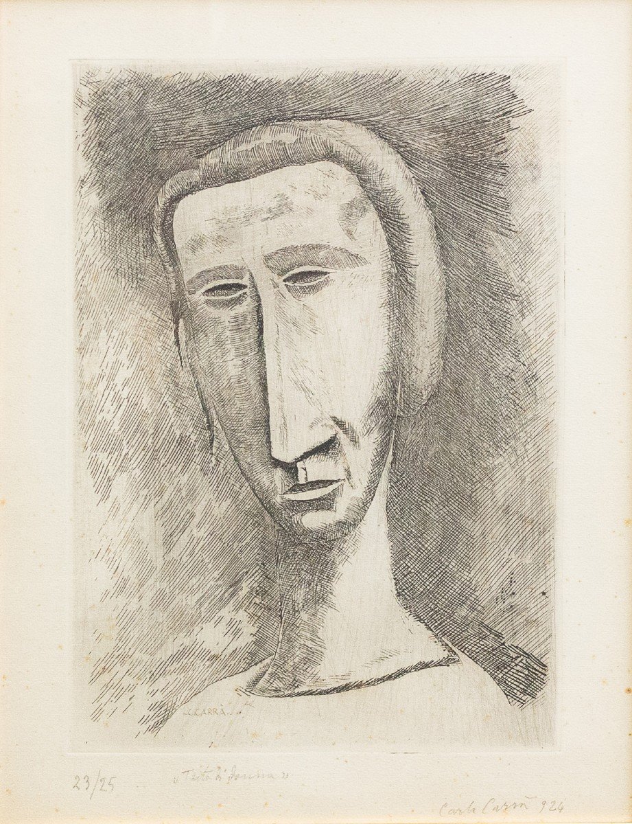 Acquaforte di Carlo Carrà, "Testa di Donna", 23/25 esemplari, 1924