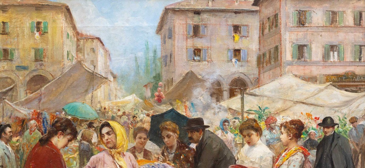 Fabio Fabbi, "Mercato di Firenze", olio su tela, Epoca Primi del '900-photo-3