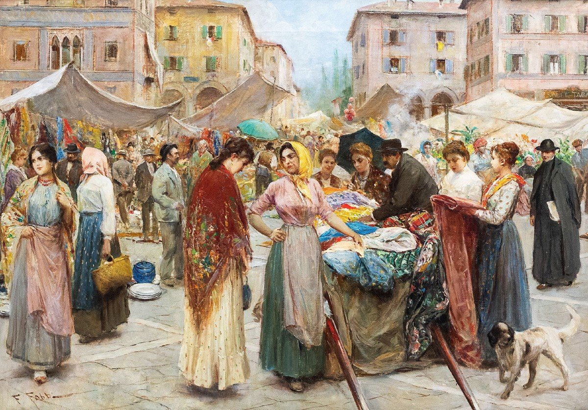 Fabio Fabbi, "Mercato di Firenze", olio su tela, Epoca Primi del '900