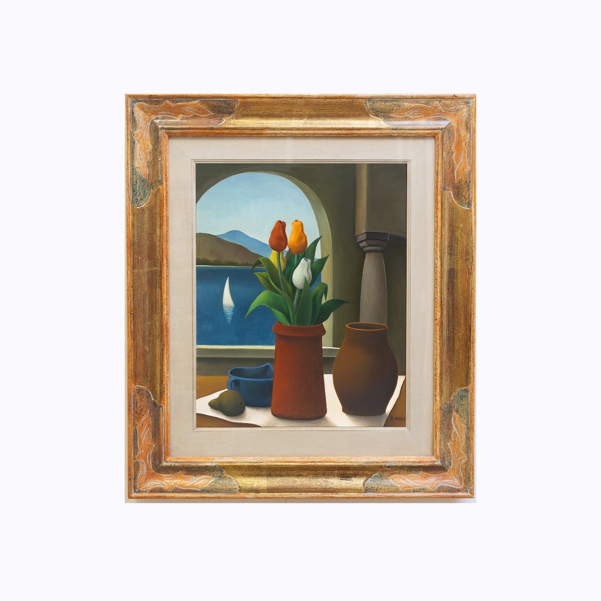 Roberto Masi, olio su tela, "Interno con vista mare ", firmato, Epoca '900-photo-2