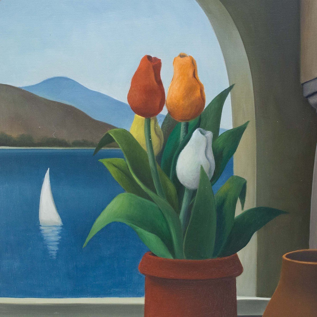 Roberto Masi, olio su tela, "Interno con vista mare ", firmato, Epoca '900-photo-1