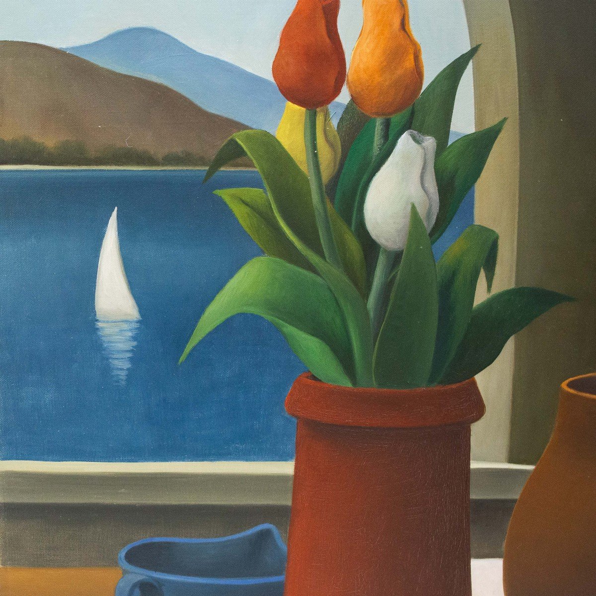 Roberto Masi, olio su tela, "Interno con vista mare ", firmato, Epoca '900-photo-2
