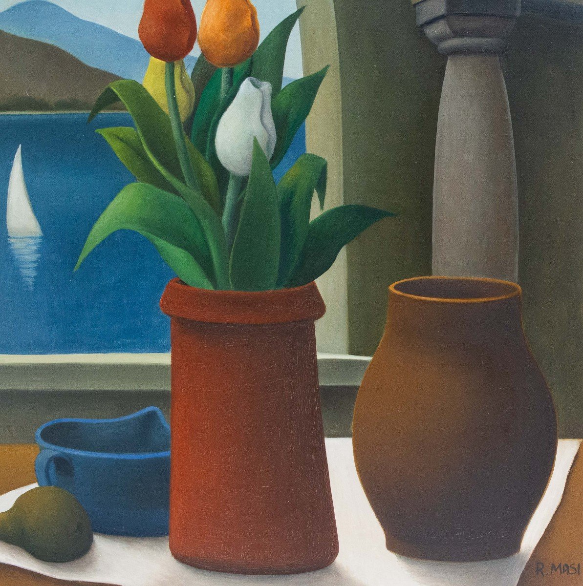 Roberto Masi, olio su tela, "Interno con vista mare ", firmato, Epoca '900-photo-5