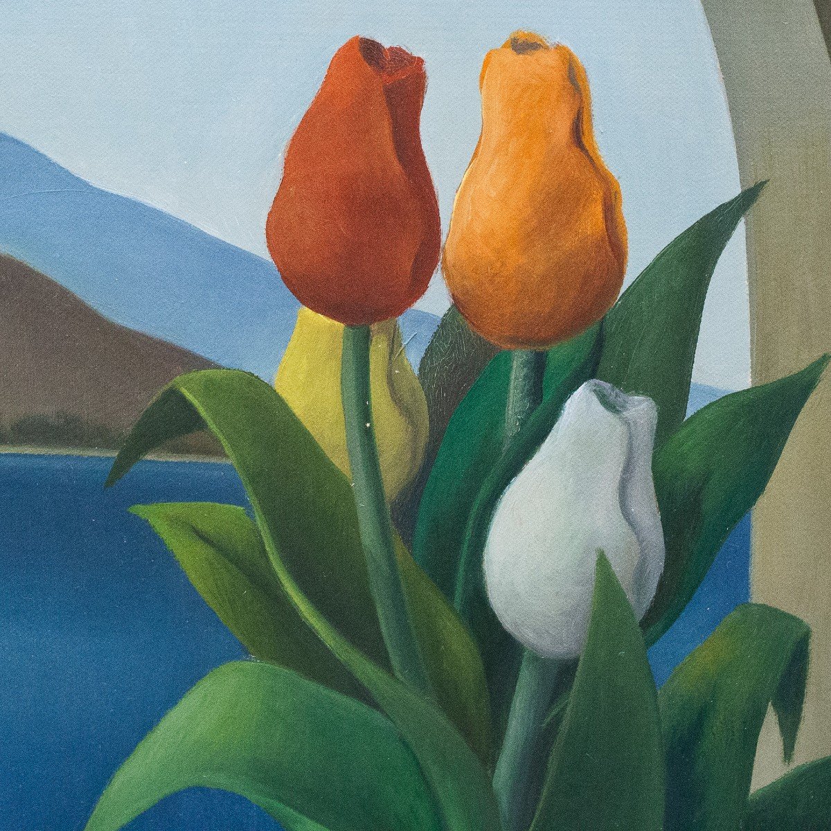 Roberto Masi, olio su tela, "Interno con vista mare ", firmato, Epoca '900-photo-6