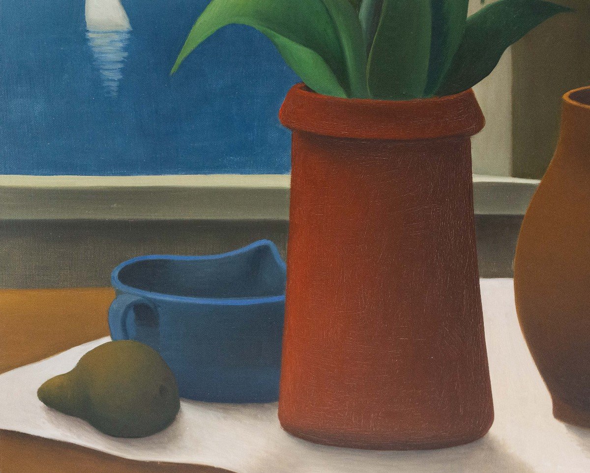 Roberto Masi, olio su tela, "Interno con vista mare ", firmato, Epoca '900-photo-7