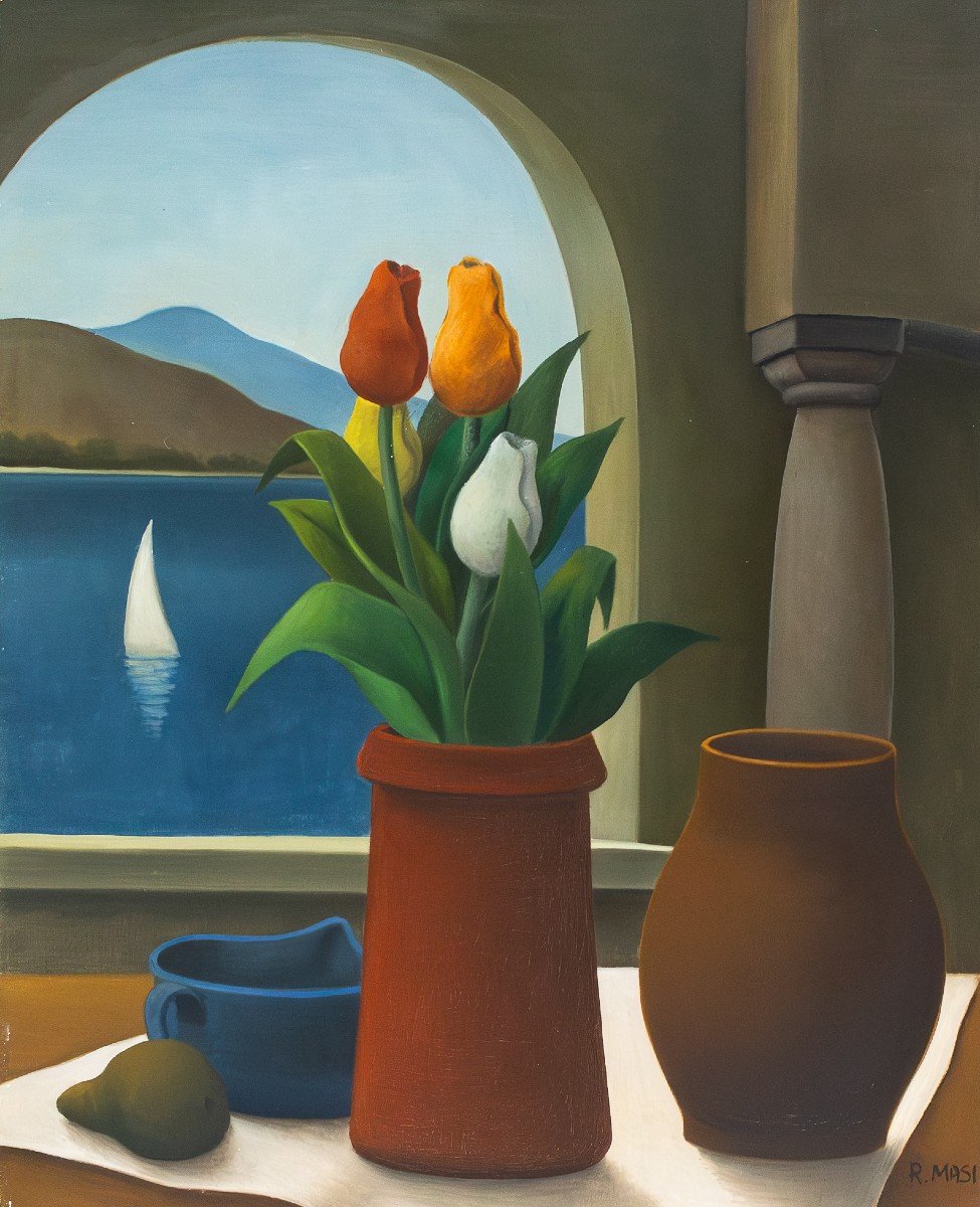 Roberto Masi, olio su tela, "Interno con vista mare ", firmato, Epoca '900
