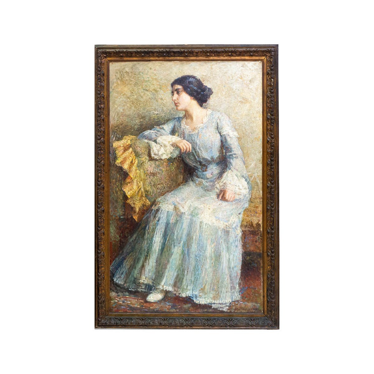 Grande dipinto di Alessandro Battaglia, "Dama", olio su tela, 1904, firmato-photo-2