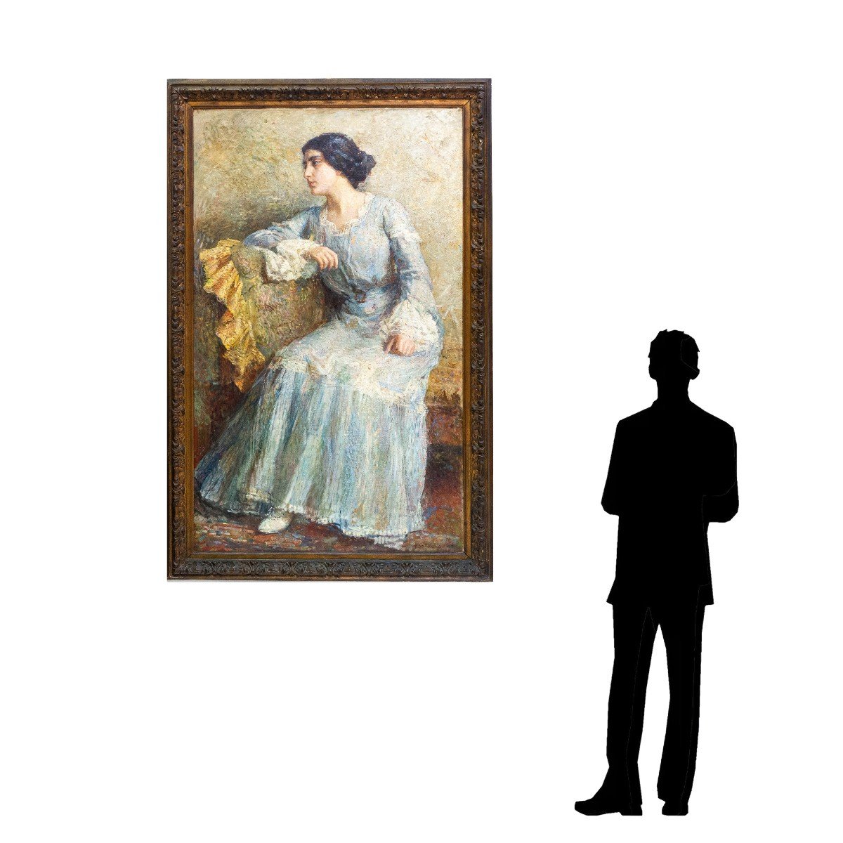 Grande dipinto di Alessandro Battaglia, "Dama", olio su tela, 1904, firmato-photo-3