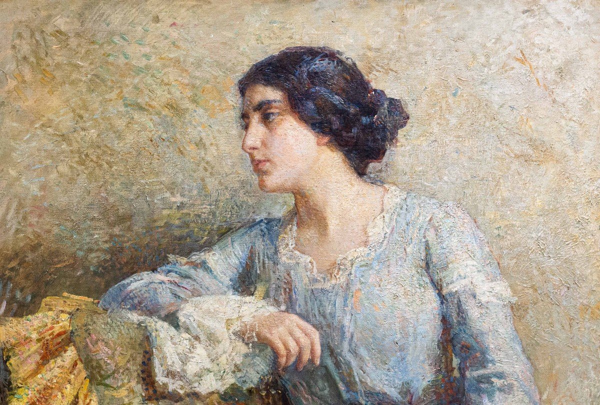 Grande dipinto di Alessandro Battaglia, "Dama", olio su tela, 1904, firmato-photo-1