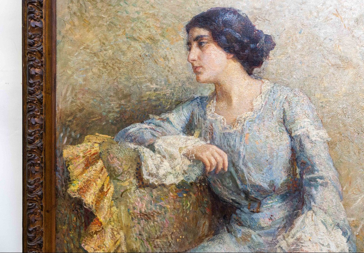 Grande dipinto di Alessandro Battaglia, "Dama", olio su tela, 1904, firmato-photo-2