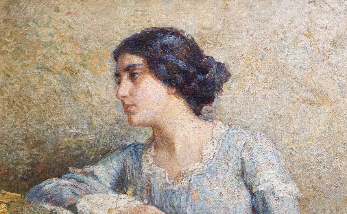 Grande dipinto di Alessandro Battaglia, "Dama", olio su tela, 1904, firmato-photo-3