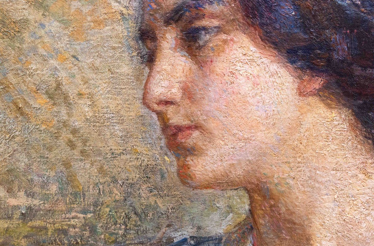 Grande dipinto di Alessandro Battaglia, "Dama", olio su tela, 1904, firmato-photo-7
