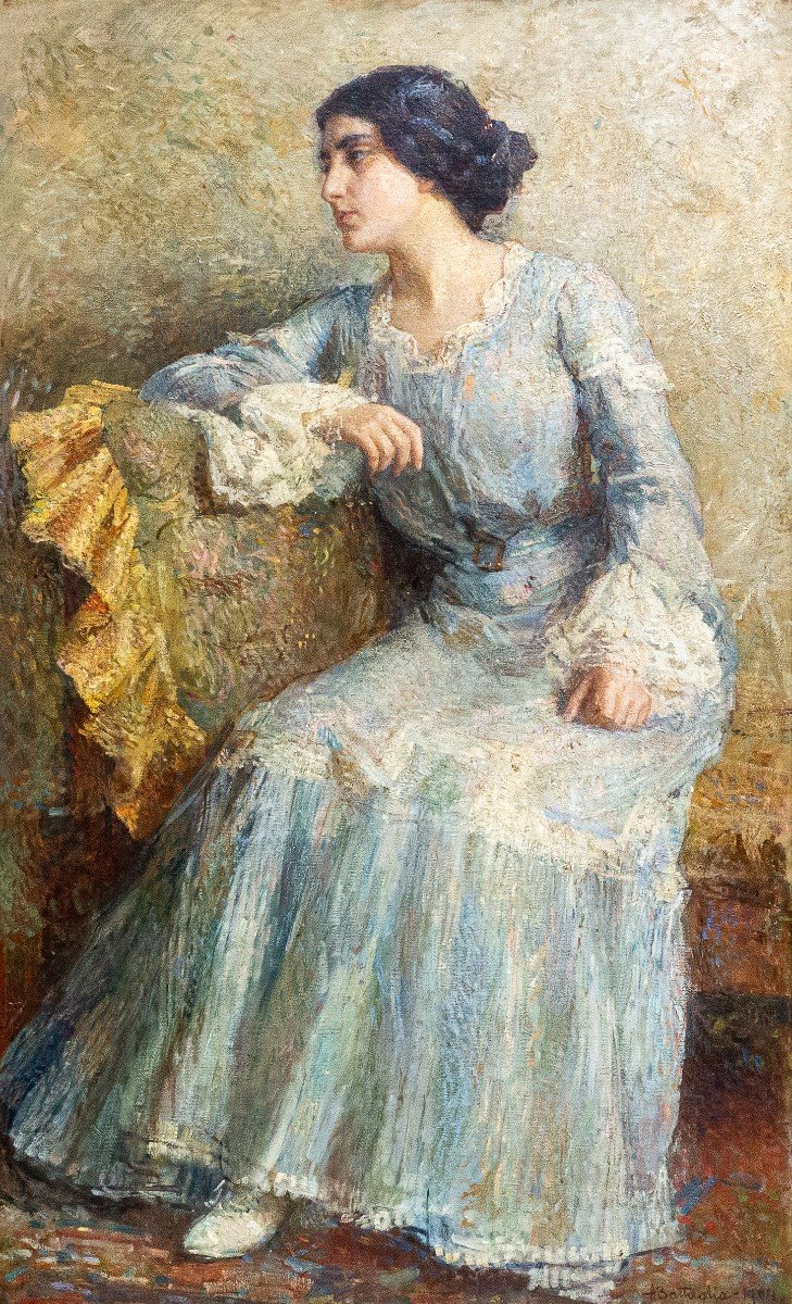 Grande dipinto di Alessandro Battaglia, "Dama", olio su tela, 1904, firmato