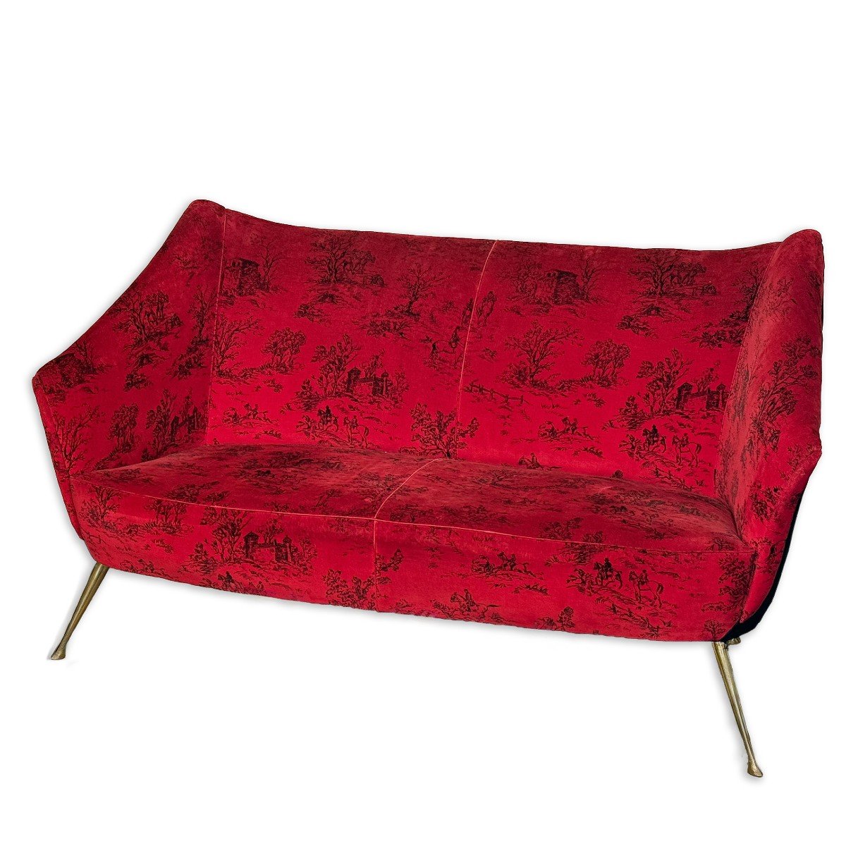 Divano design Anni '50 in velluto rosso e gambe in ottone-photo-4