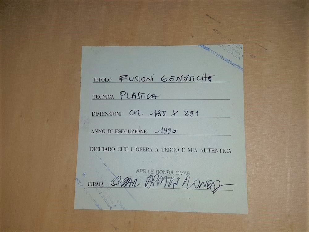 Omar Ronda, Fusioni genetiche",  Plastica su pannello di legno, firmato,1990-photo-2