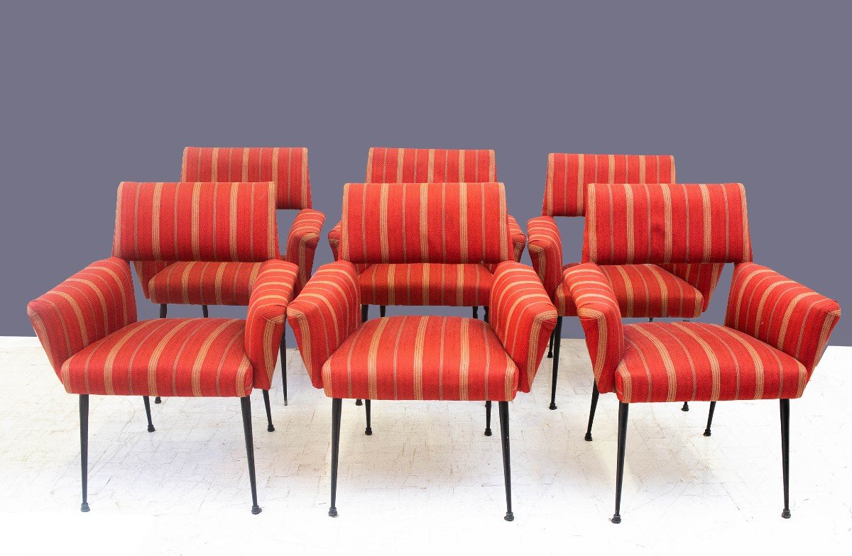 Set di sei poltrone di design con rivestimento rosso originali, Anni '50 -photo-1