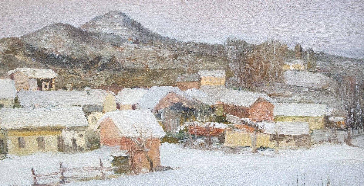  Celso Tempia, olio su tavola, "Paesaggio innevato", 1941, firmato-photo-4