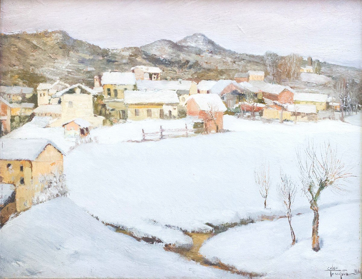  Celso Tempia, olio su tavola, "Paesaggio innevato", 1941, firmato