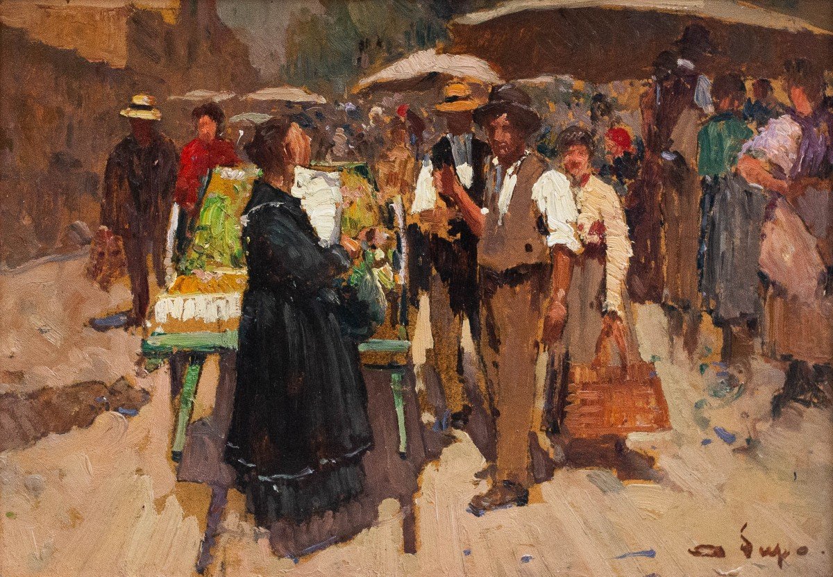 Alessandro Lupo, "Scena di Mercato", olio su cartone, Epoca '900