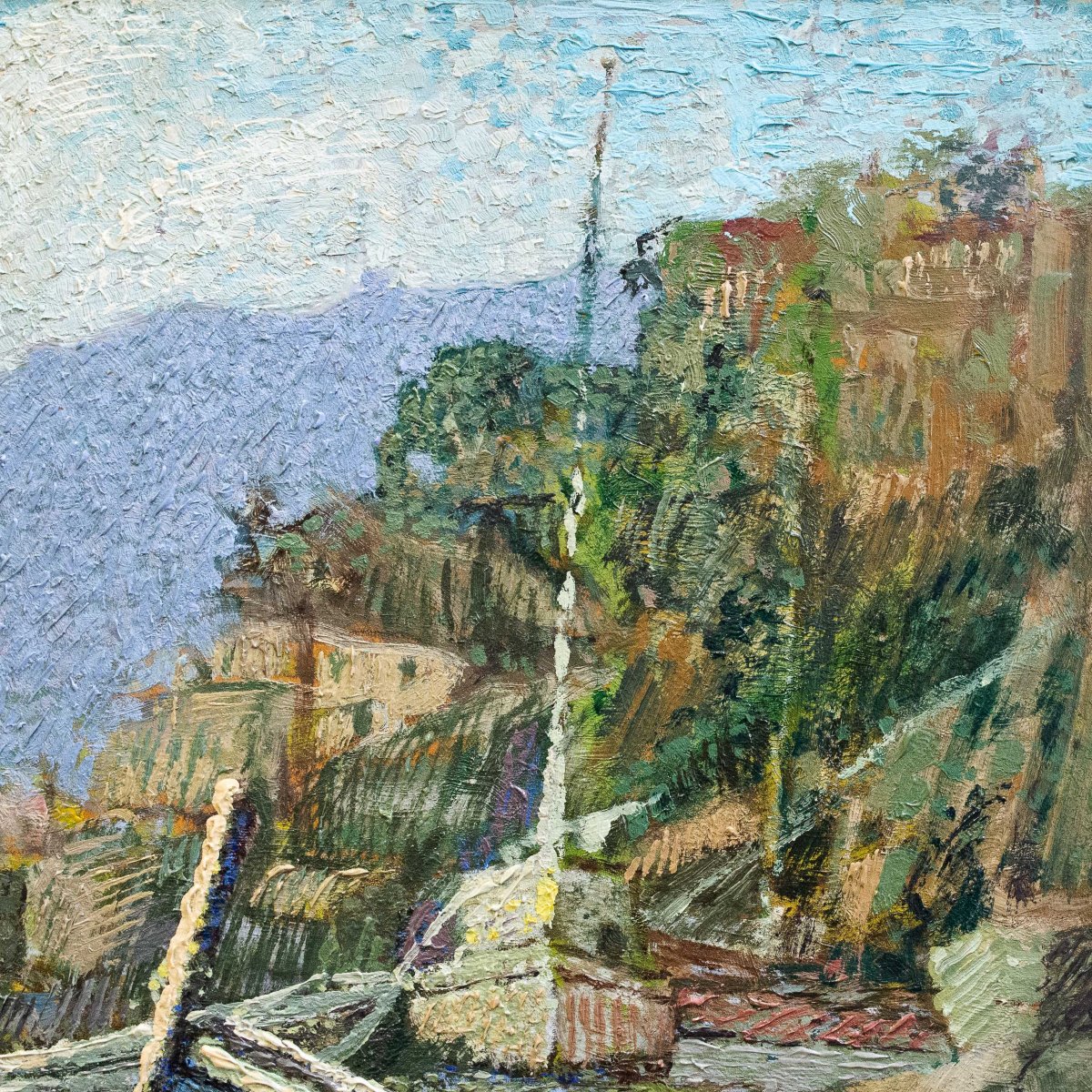 Ferruccio Piovano, "Porto di Camogli", olio su cartone, firmato, 1974-photo-3