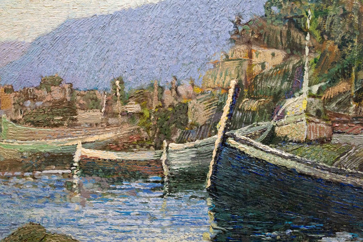 Ferruccio Piovano, "Porto di Camogli", olio su cartone, firmato, 1974-photo-6