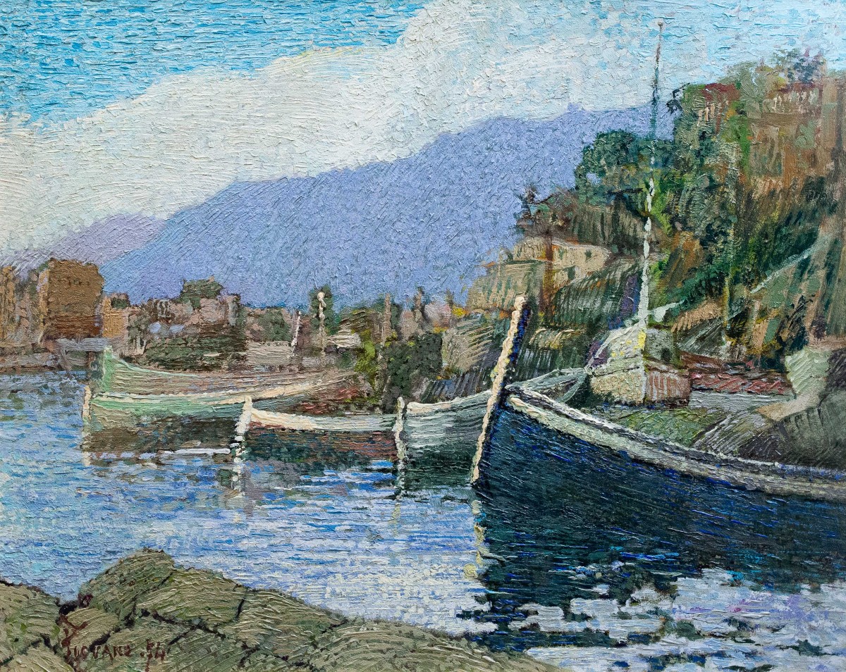 Ferruccio Piovano, "Porto di Camogli", olio su cartone, firmato, 1974